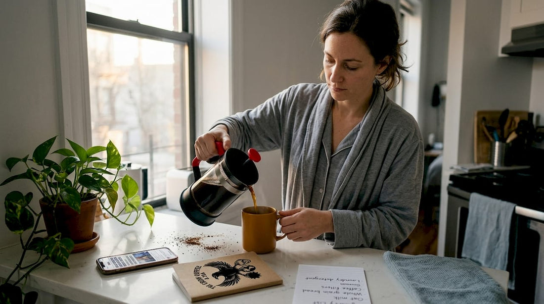 Woman pours coffee in sunlit apartment kitchen