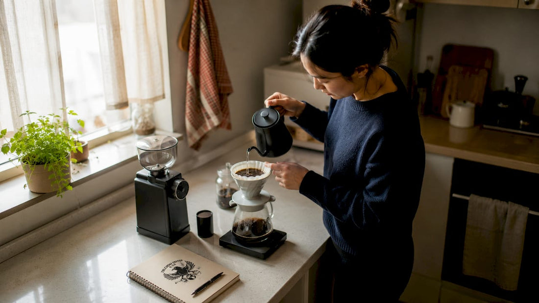 Woman brewing fresh coffee at home kitchen