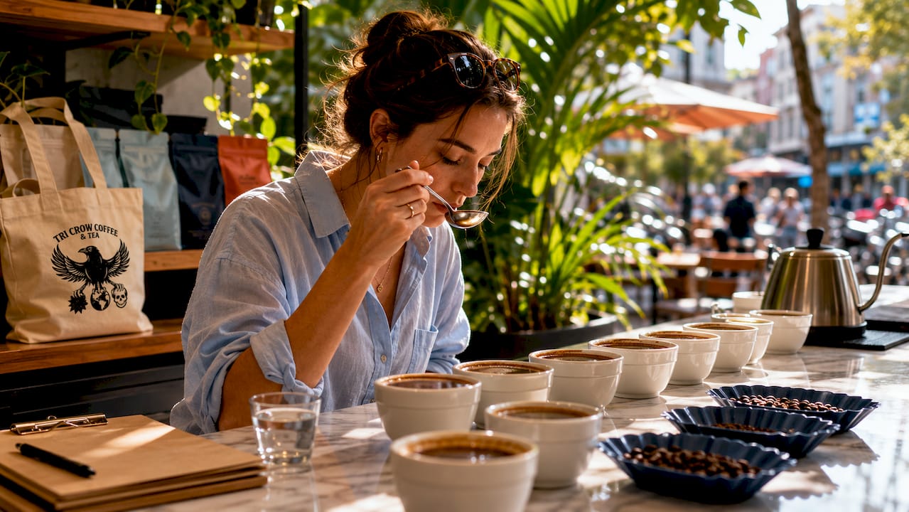 Woman tasting coffee in cupping session