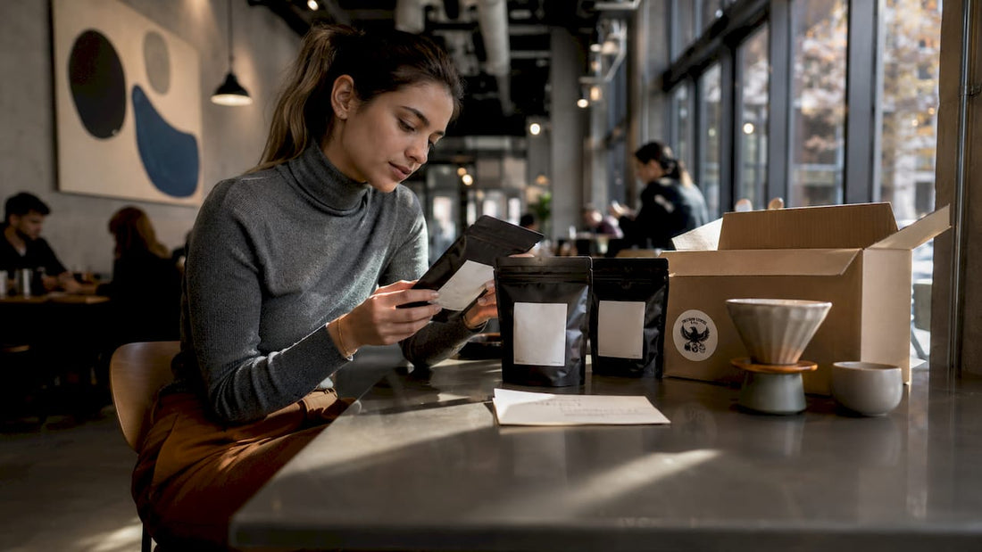 Woman unboxing coffee subscription package