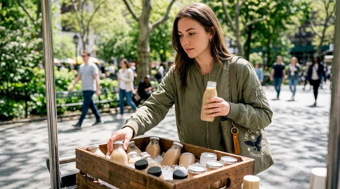 Person selecting ready-to-drink coffee from café fridge