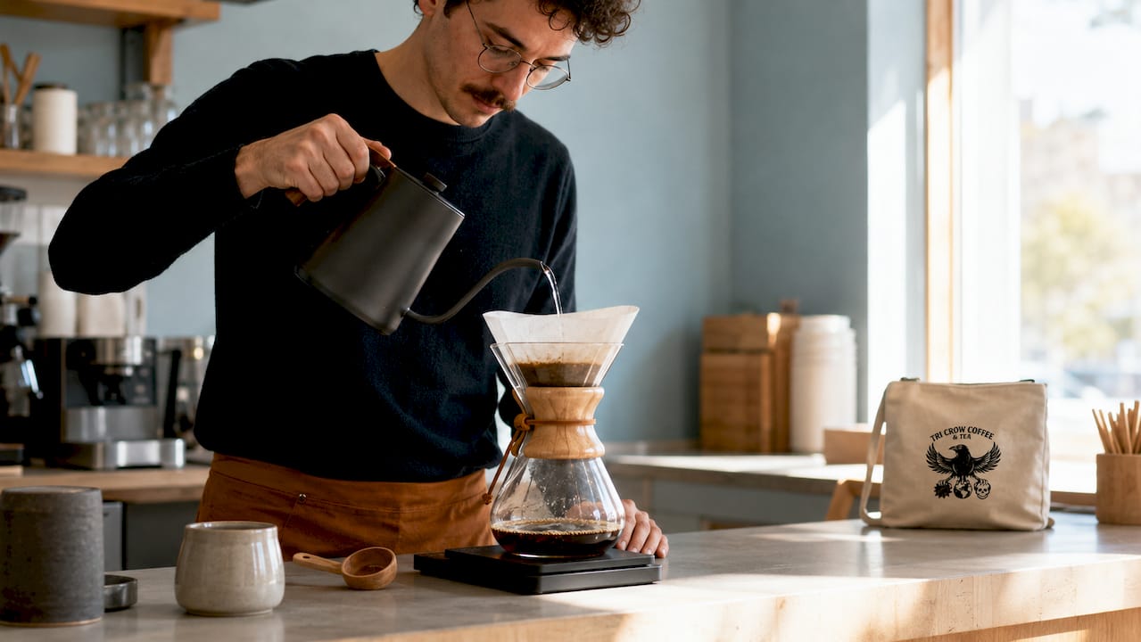 Close-up barista pouring water for filter coffee