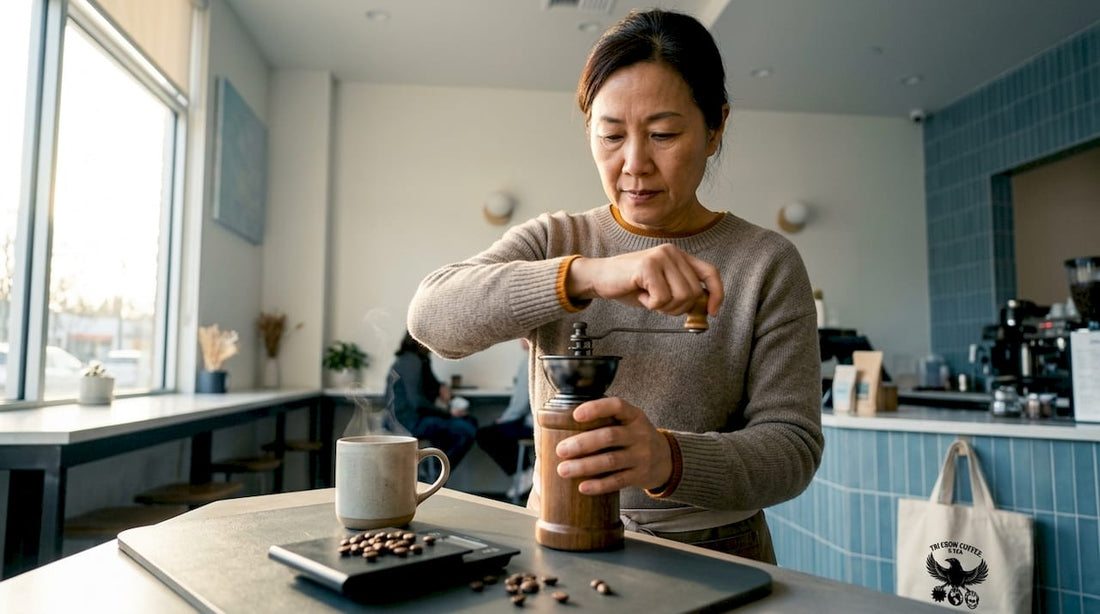 Woman grinding coffee beans in kitchen