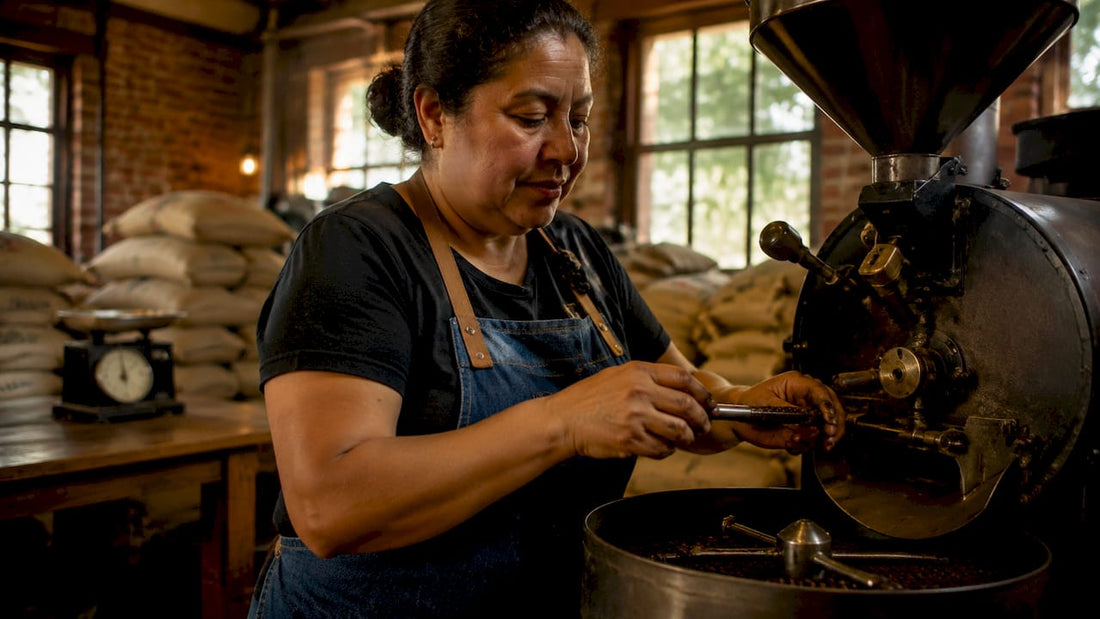 Latina woman roasting coffee beans in local shop