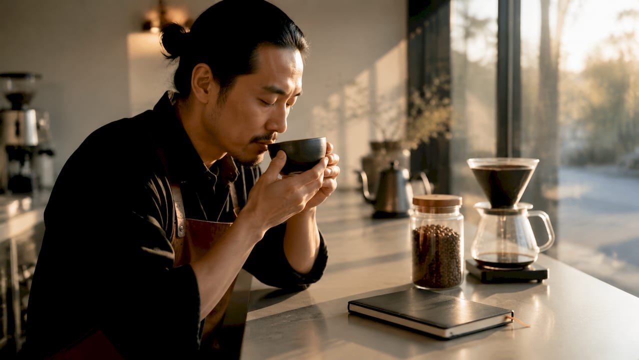 Barista smelling brewed coffee aroma