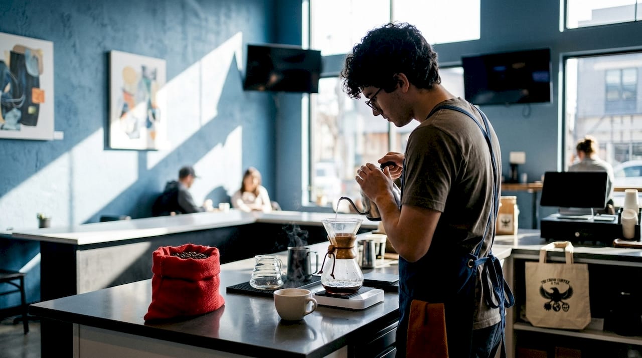 Barista pouring coffee with Chemex in shop