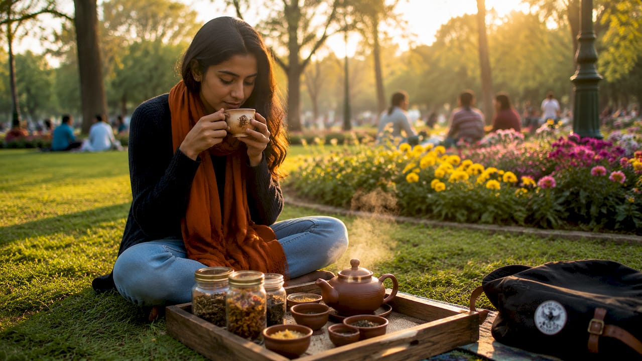 Woman tasting Masala Chai at home
