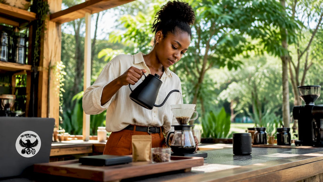 Woman pouring water over coffee grounds in V60 brewer