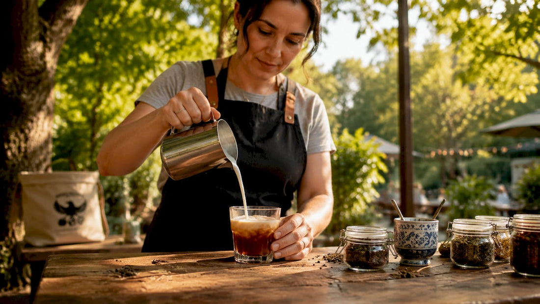 Barista pouring milk into tea latte glass