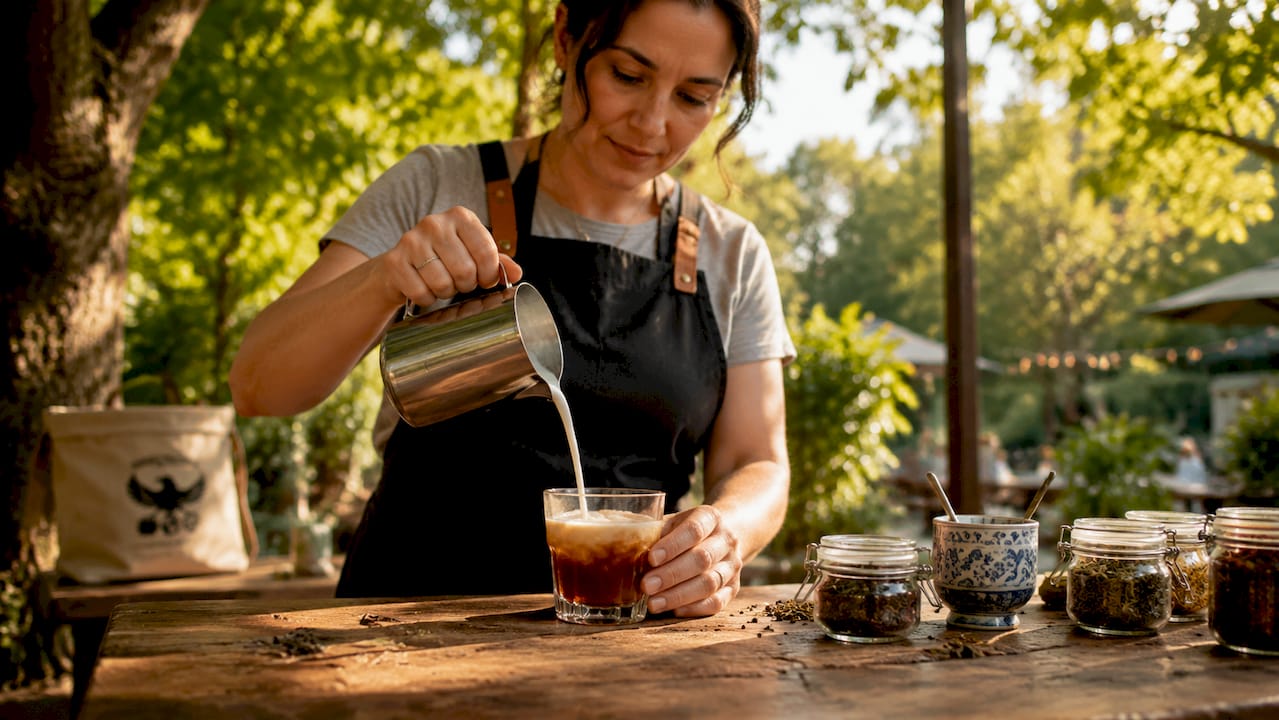 Barista pouring milk into tea latte glass