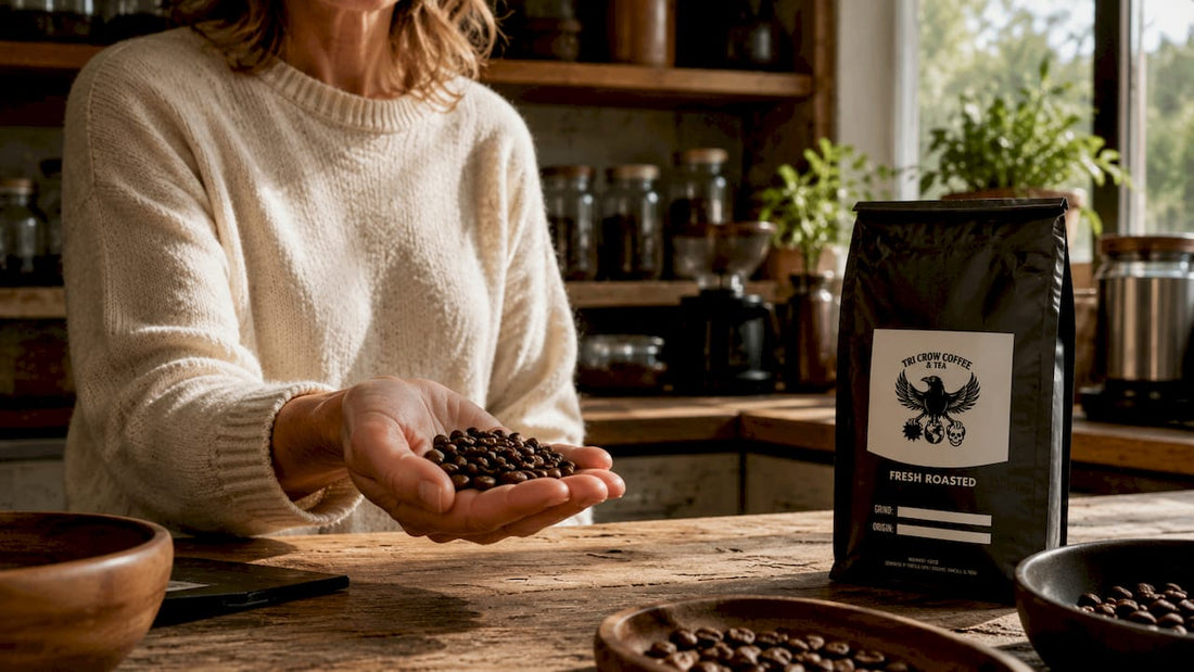 Close-up of hand holding round peaberry coffee beans