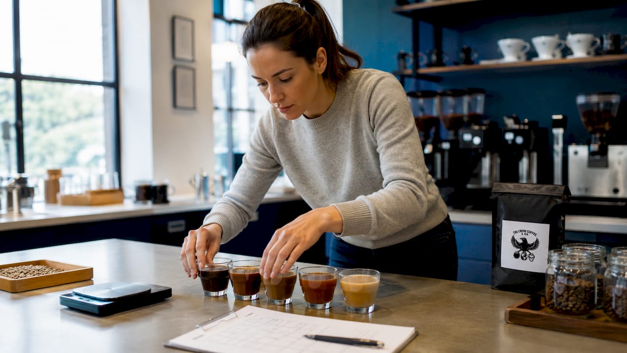 Woman preparing coffee tasting setup at home kitchen