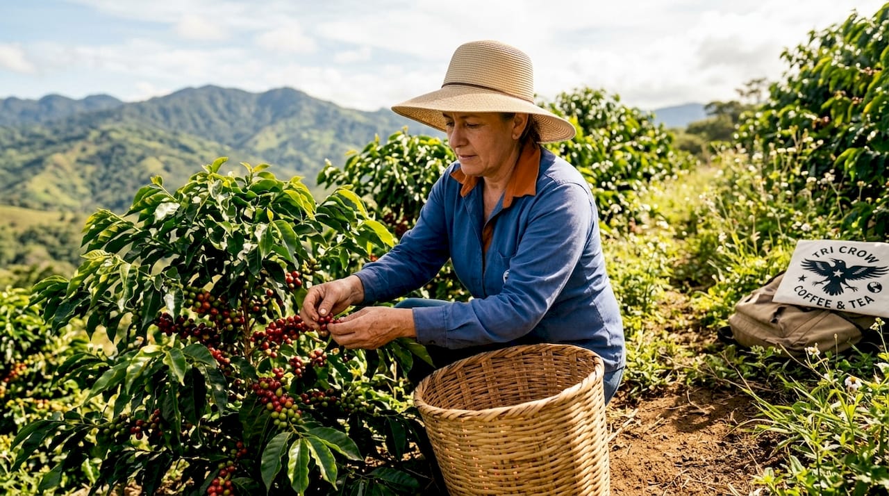 Coffee farmer harvesting organic cherries outdoors