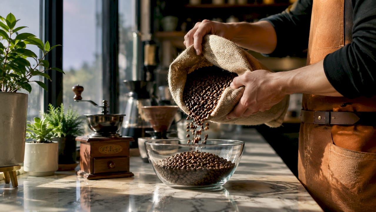 Hands pouring artisan roasted coffee beans