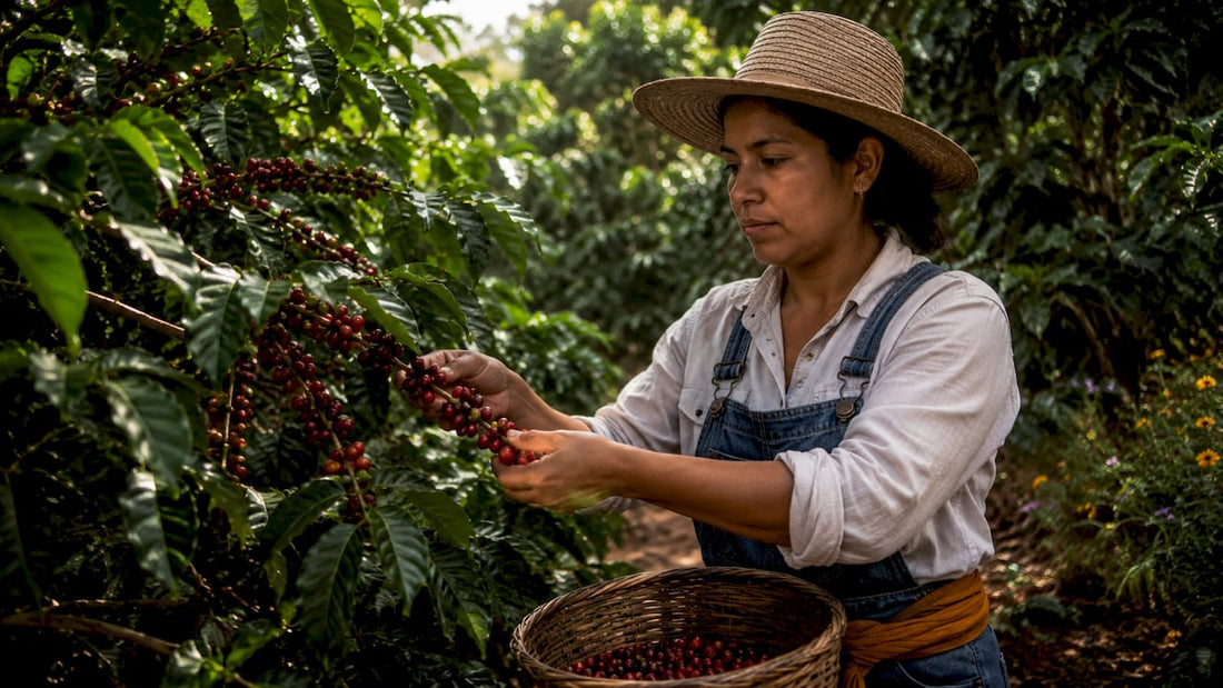 Coffee farmer harvesting ripe coffee cherries outdoors