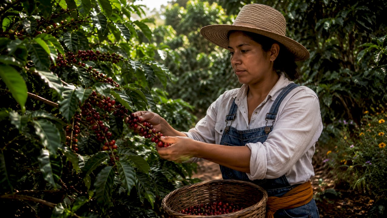 Coffee farmer harvesting ripe coffee cherries outdoors