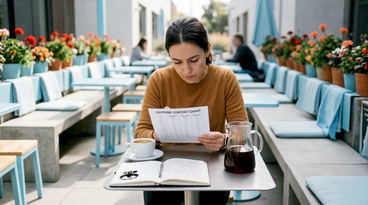 Woman reviewing caffeine content chart at café table