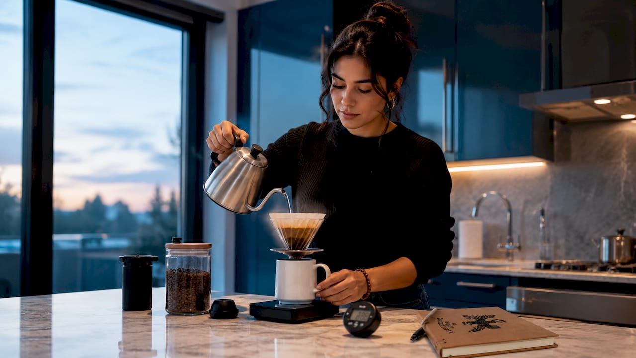 Woman brewing decaf coffee at home kitchen