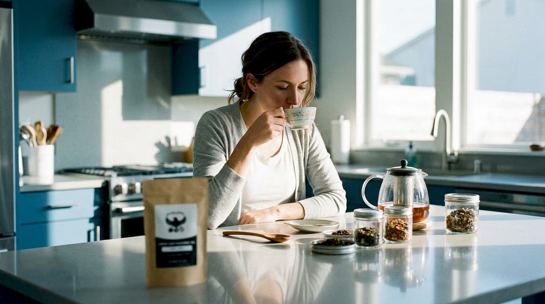 Woman sampling various tea blends at home
