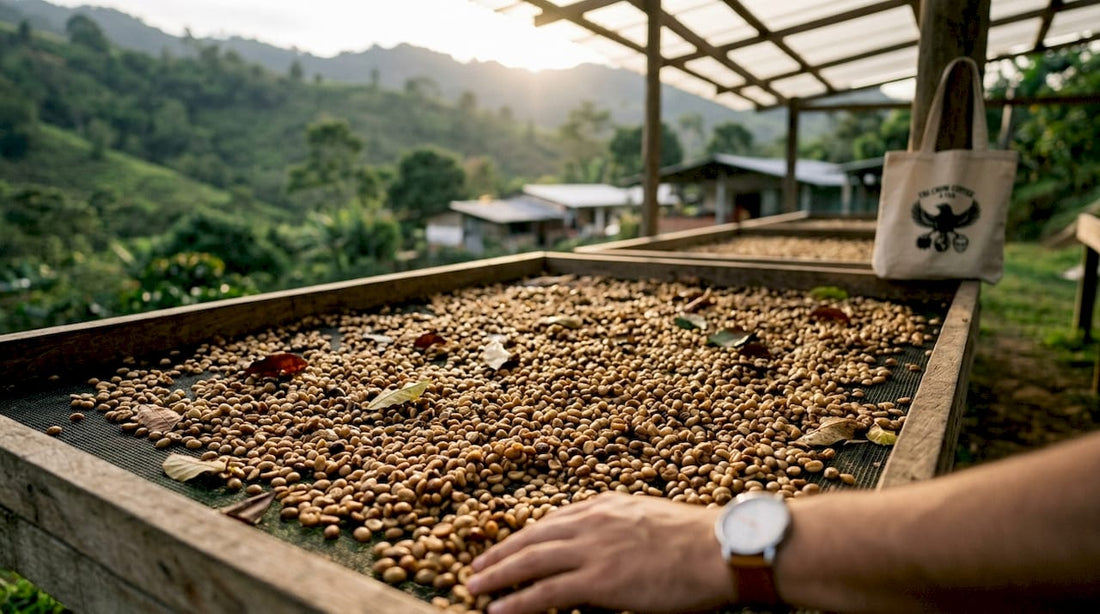 Honey processed coffee beans drying on raised beds