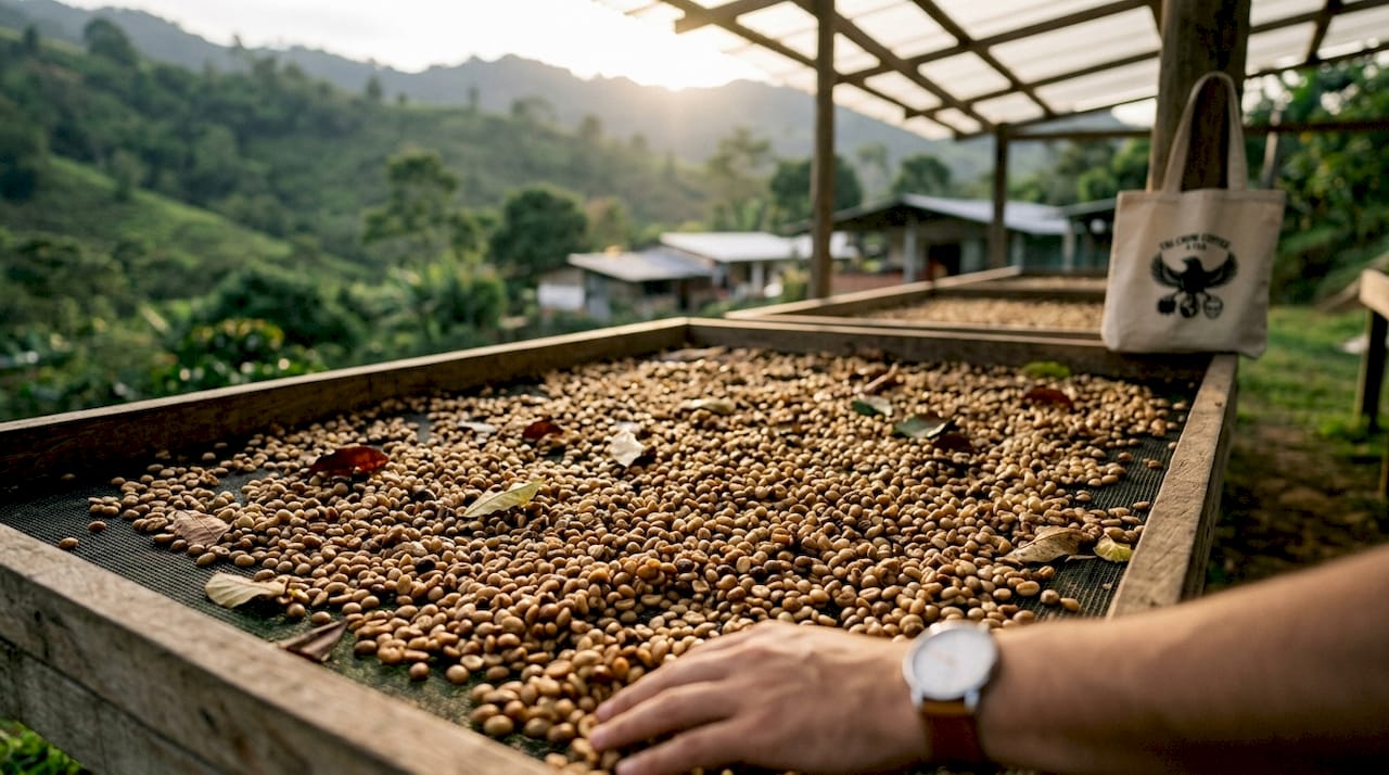Honey processed coffee beans drying on raised beds