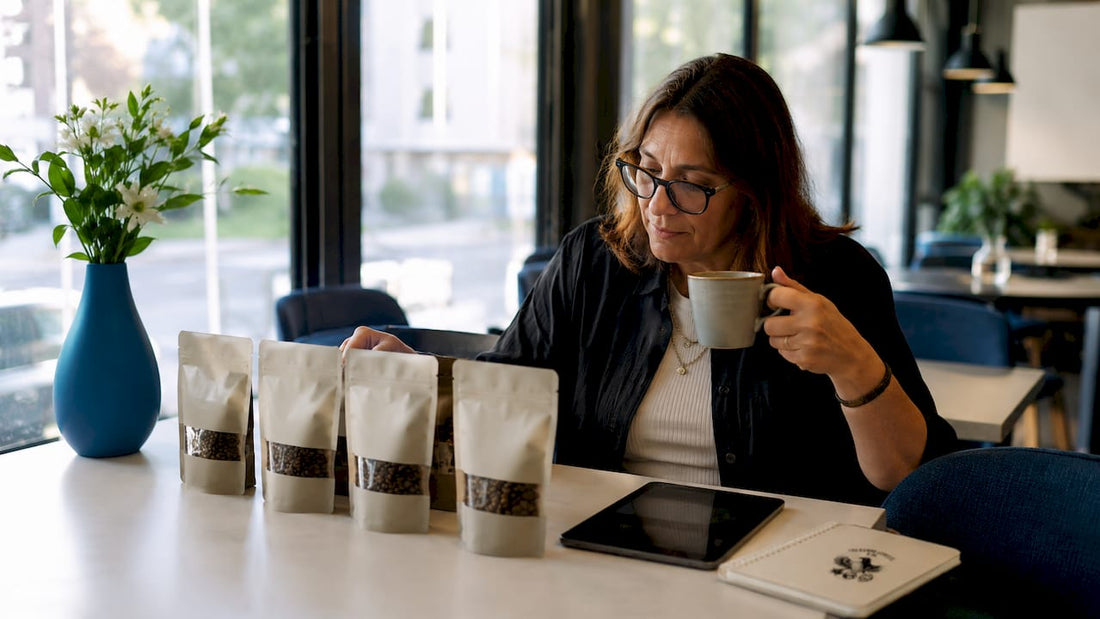 Woman reviewing four coffee subscription bags at kitchen table