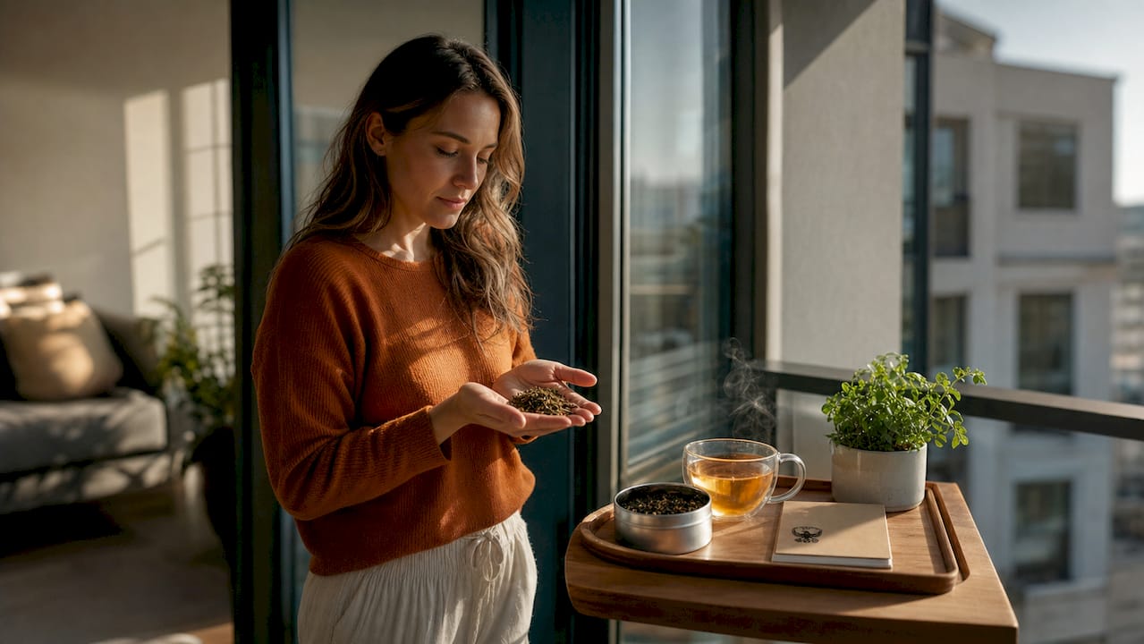Woman smelling loose tea leaves at kitchen table