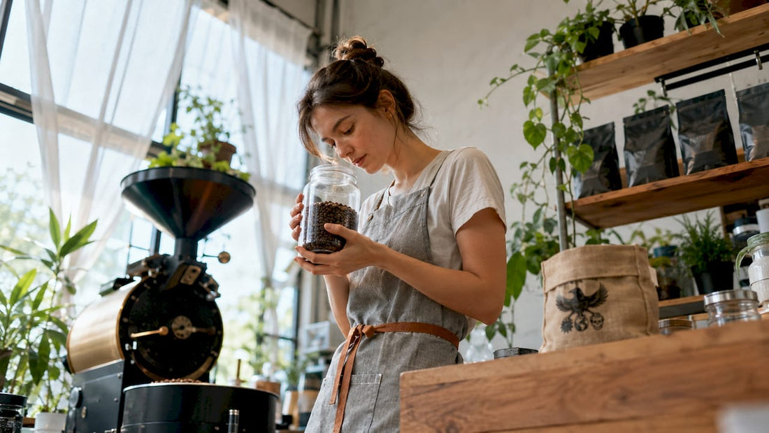 Coffee roaster inspecting freshly roasted beans in roastery