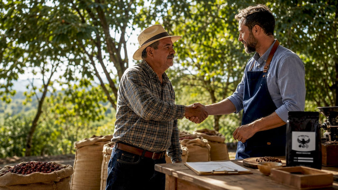 Coffee farmer and roaster shaking hands on farm