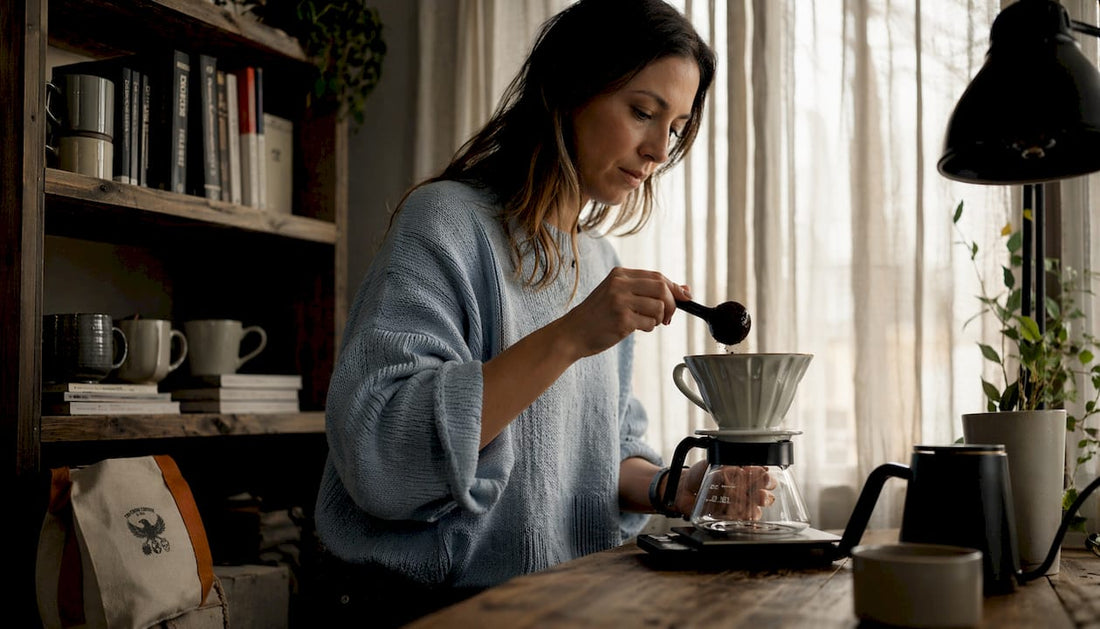Woman brewing drip coffee in kitchen