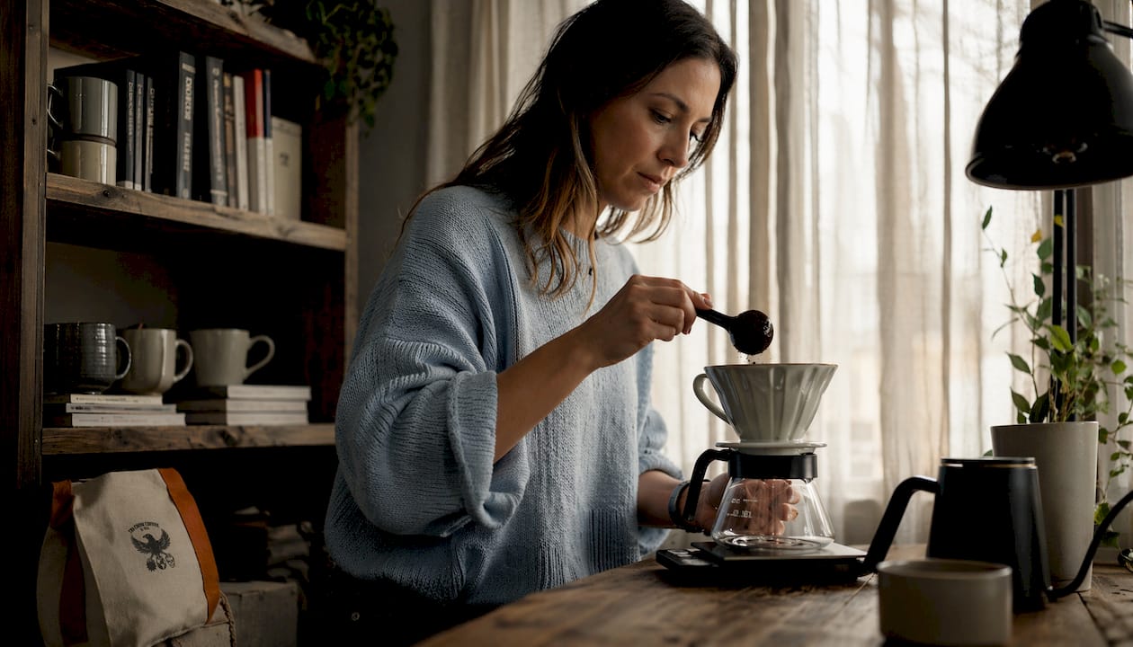 Woman brewing drip coffee in kitchen