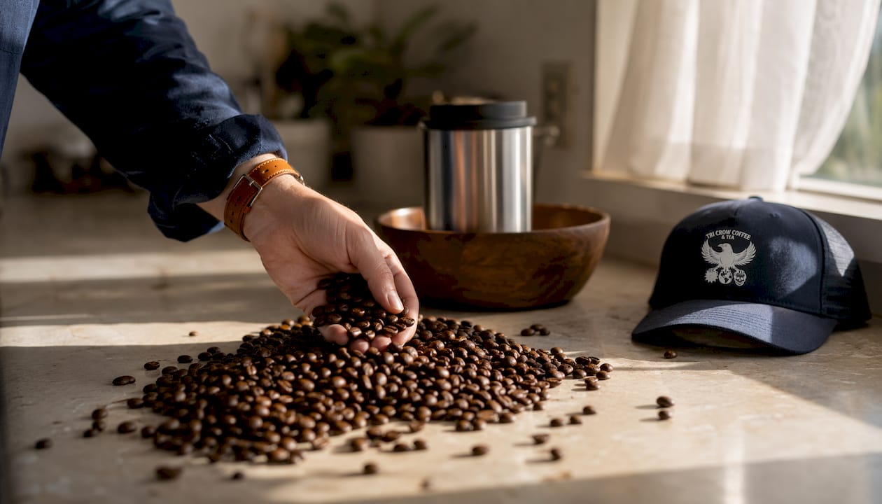 Fresh coffee beans spilling from airtight jar on counter