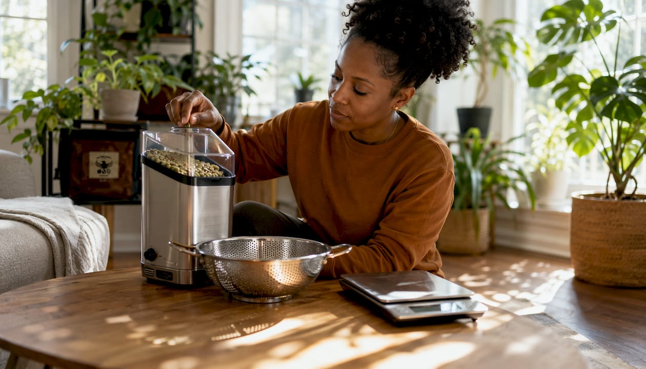 Woman roasting coffee beans with popcorn popper in kitchen