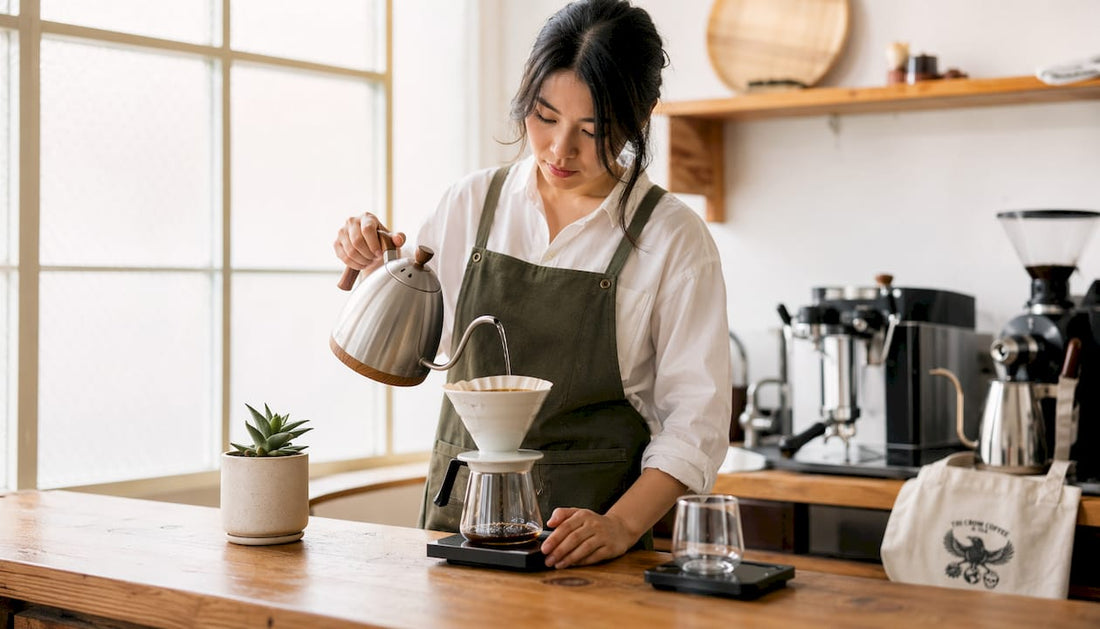 Barista pouring water over coffee grounds in dripper