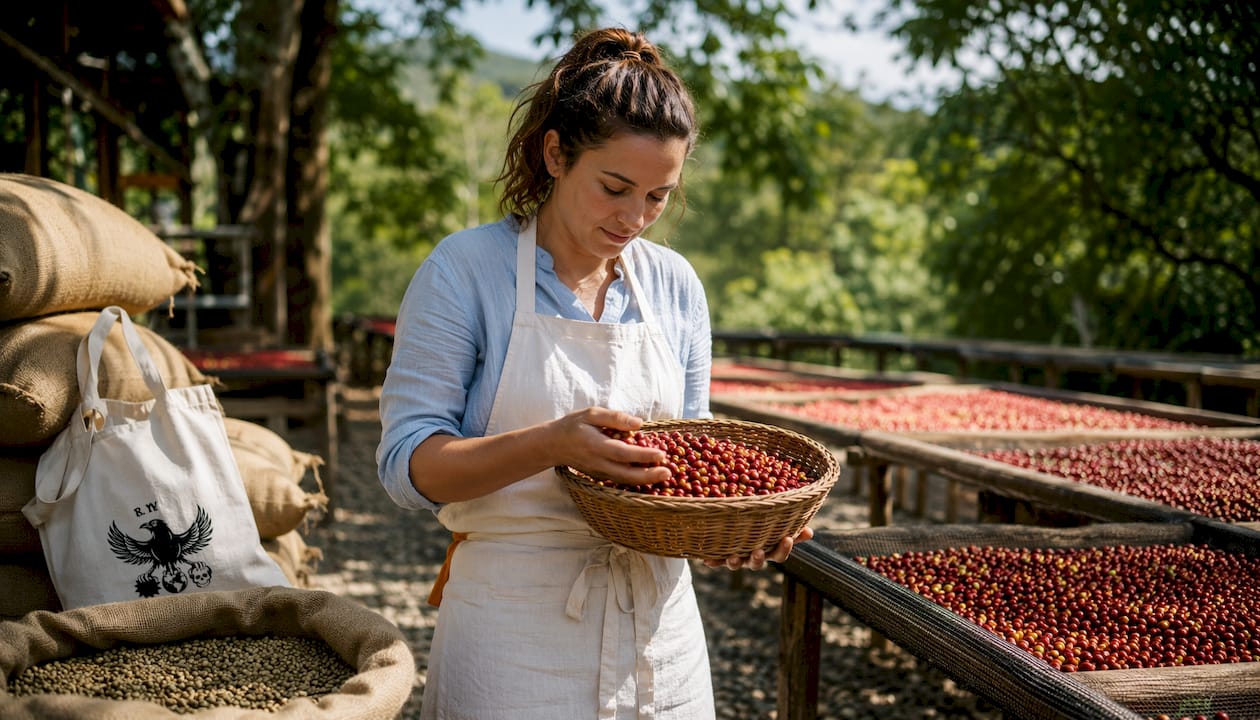 Barista inspecting coffee cherries in roastery