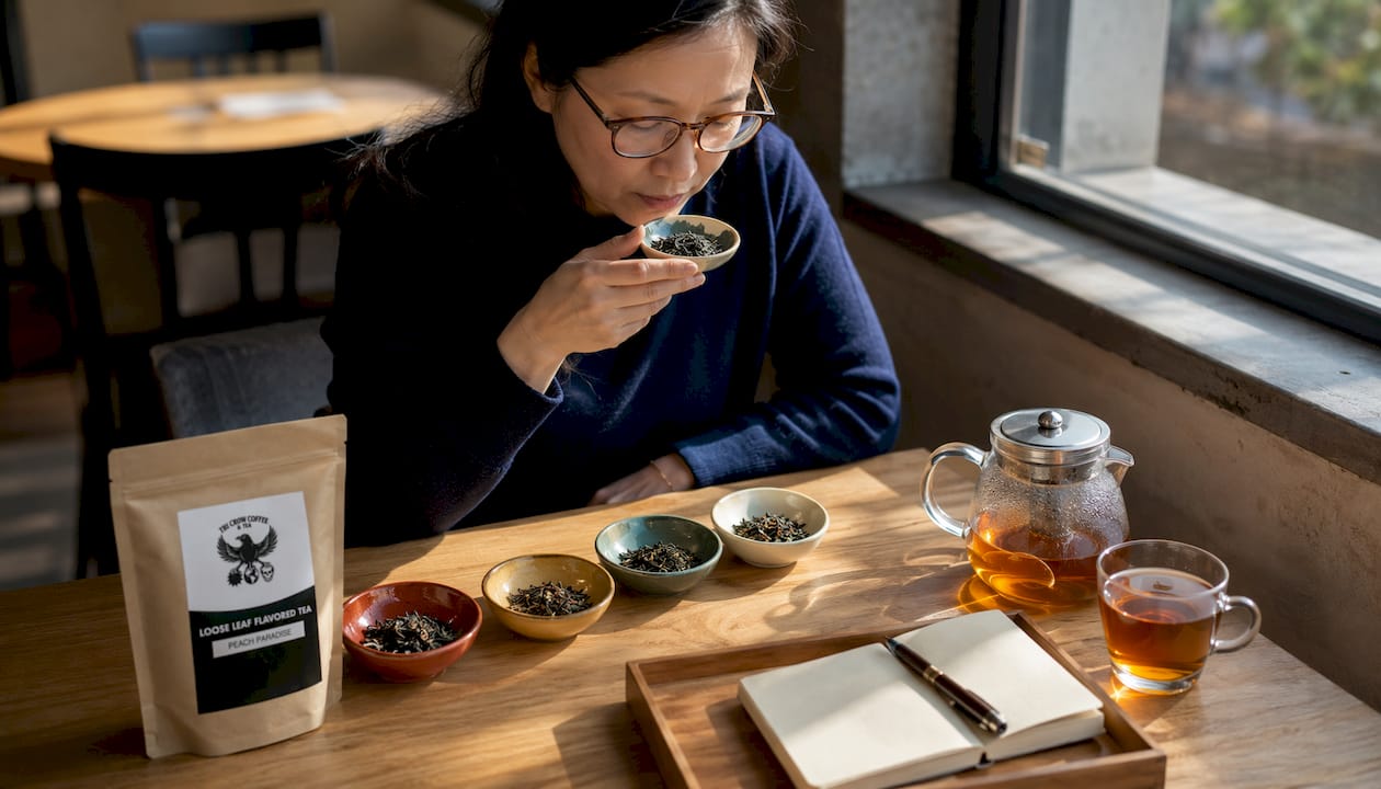 Woman smelling loose-leaf tea at table