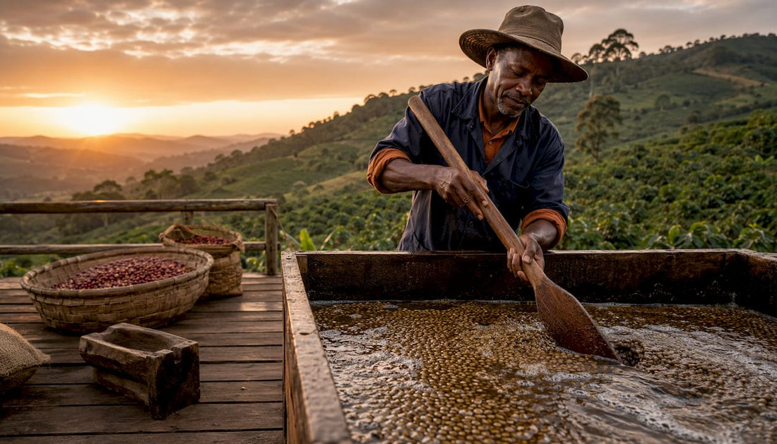 Coffee farmer stirring fermentation tanks outdoors