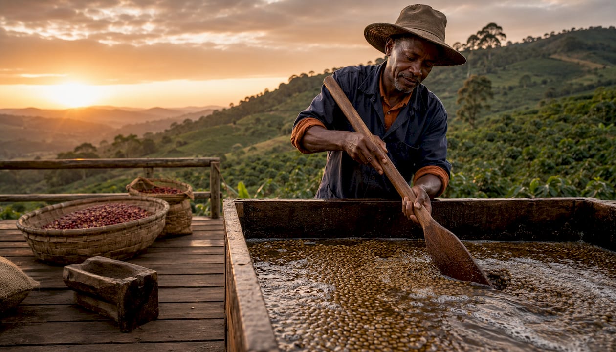 Coffee farmer stirring fermentation tanks outdoors