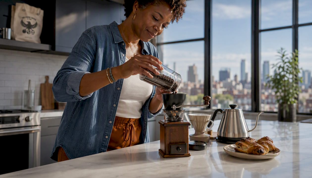 Woman grinding luxury coffee beans at home