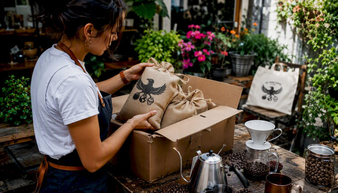 Eco-friendly coffee bean packages on wooden counter