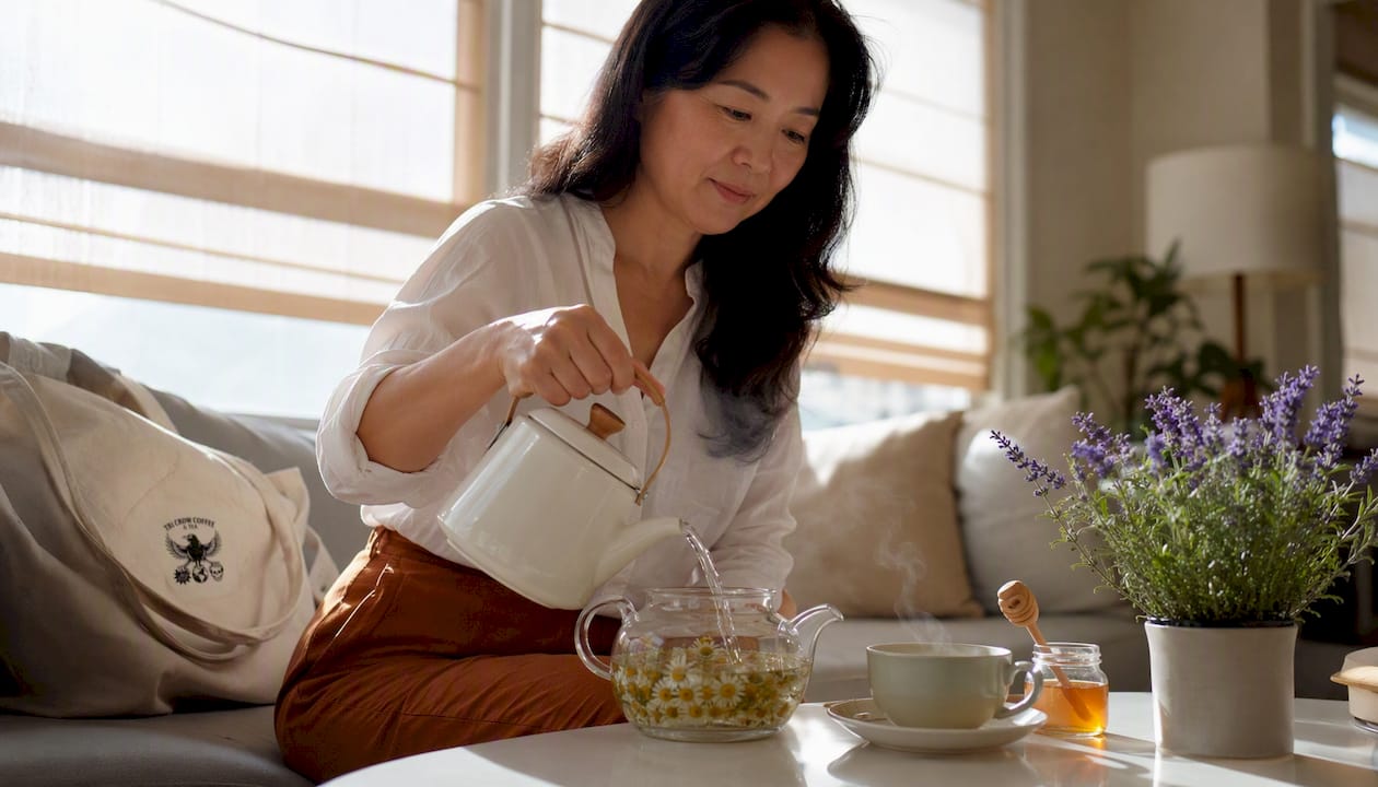 Woman pouring hot water into teapot with chamomile