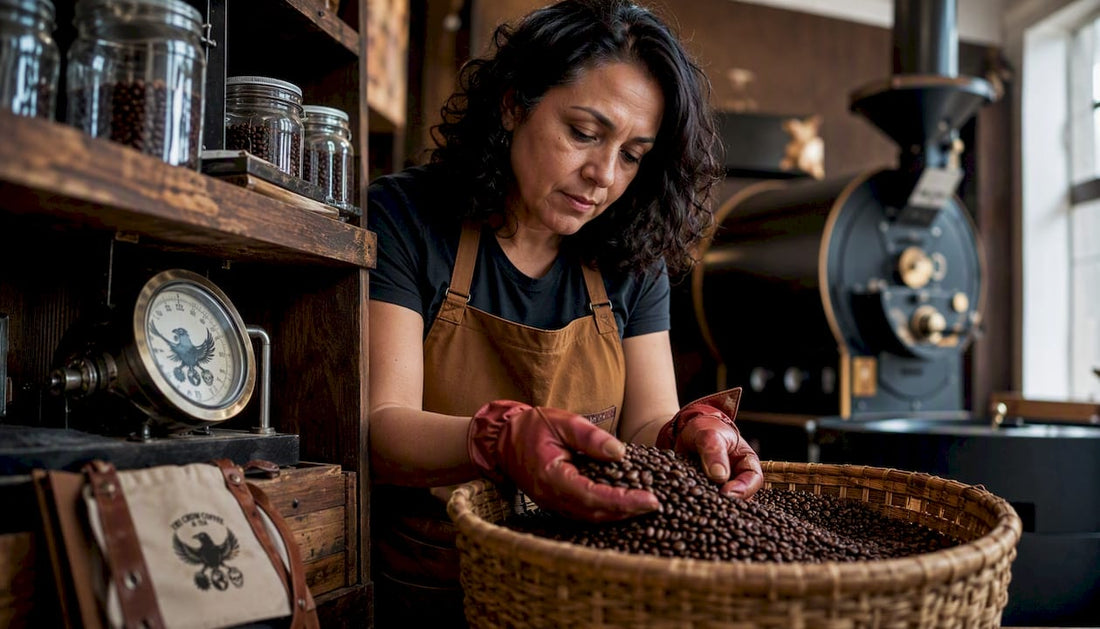 Coffee roaster inspecting dark chocolate coffee beans