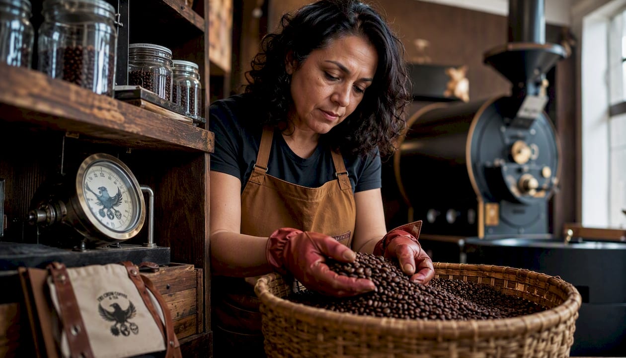 Coffee roaster inspecting dark chocolate coffee beans