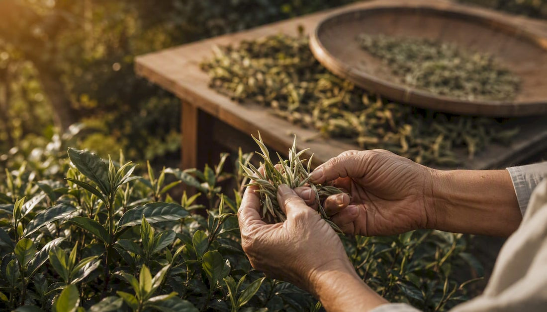 Hands plucking white tea buds in garden