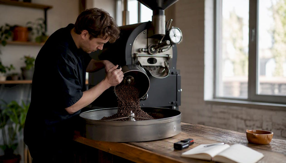 Hands pouring fresh roasted coffee beans
