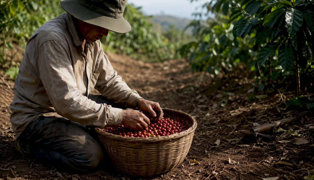 Coffee farmer sorting coffee cherries by hand