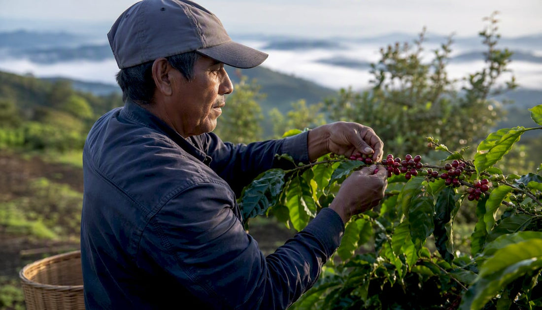 Hand picking coffee cherries on mountain farm
