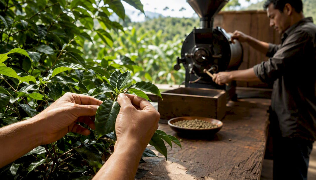 Hands picking coffee cherries and small-batch roasting