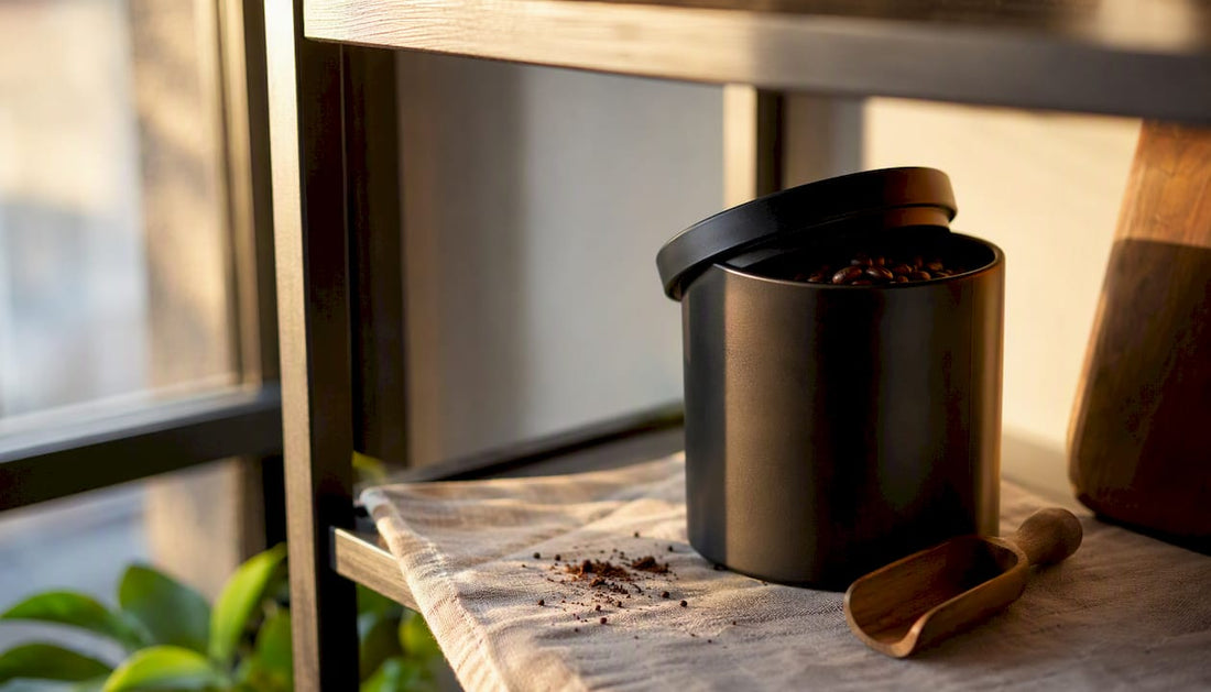 Opaque airtight coffee container on kitchen shelf