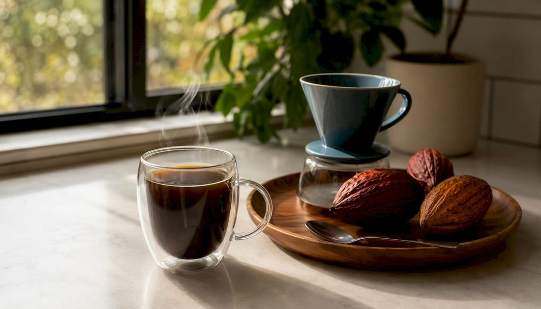 Freshly brewed medium-dark coffee with paper filter cone